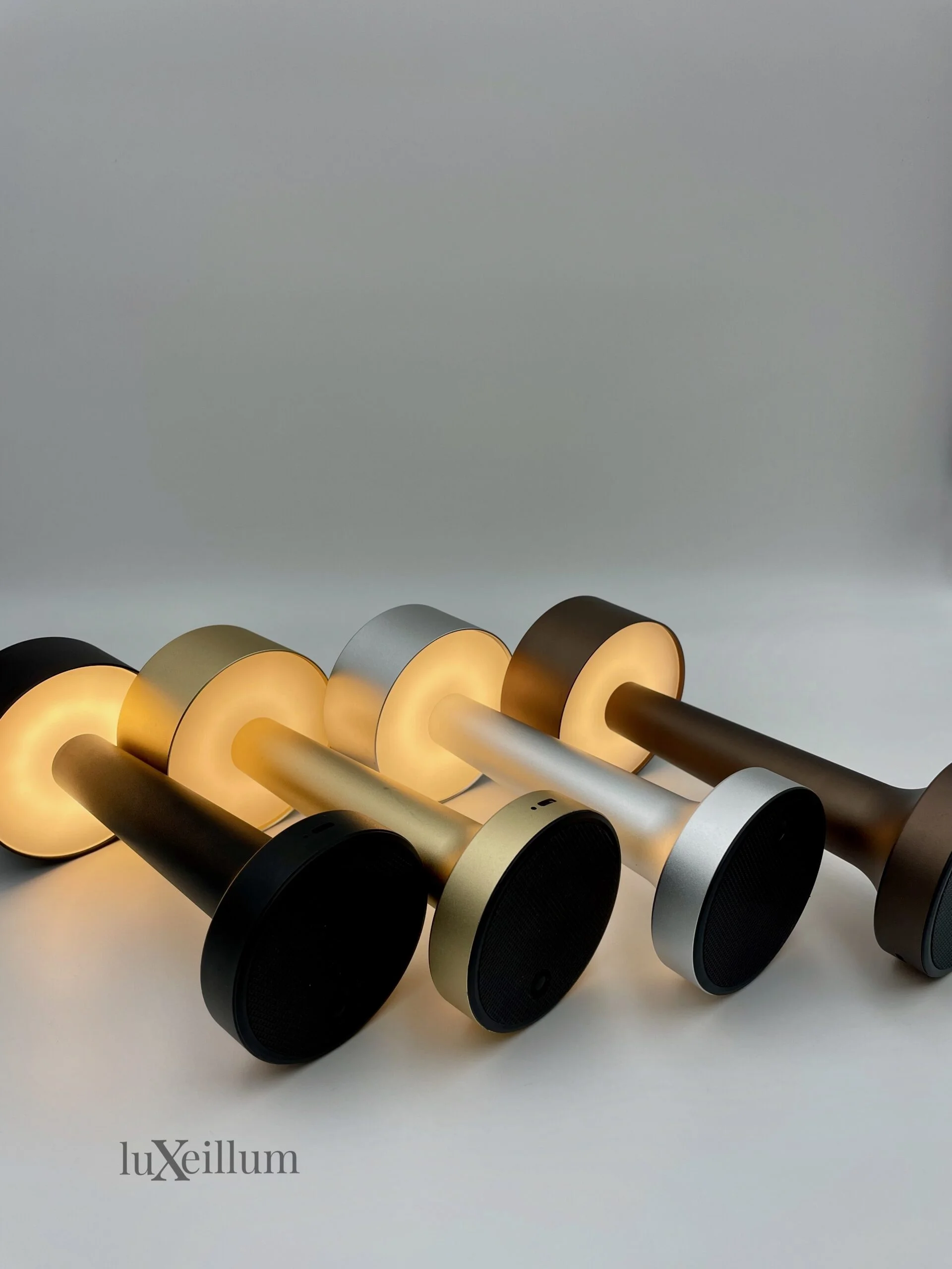 Graphite cordless lamp on wood table with ambient lighting